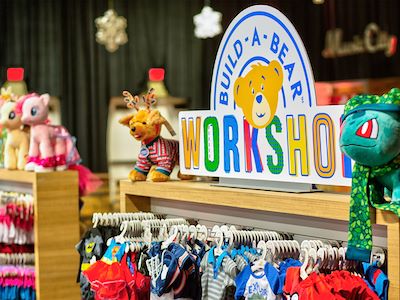 Build-A-Bear storefront with stuffed animals and accessories