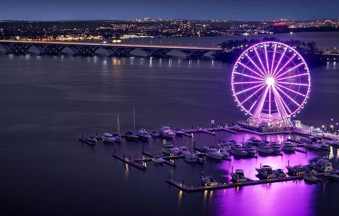 Evening view of Capital Wheel in National Harbor, MD
