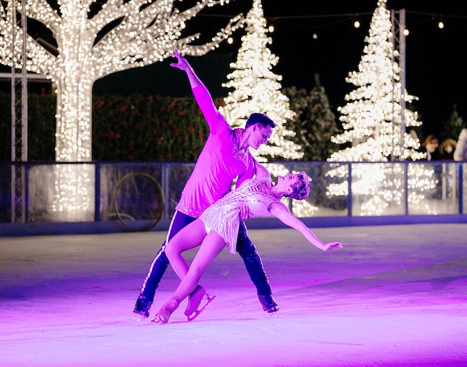 Couple in figure skating pose on ice