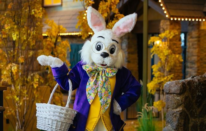 Person in Easter Bunny costume holding an egg basket