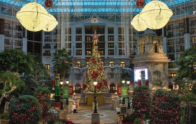 Christmas tree decorated in Lone Star Atrium at Gaylord Texan
