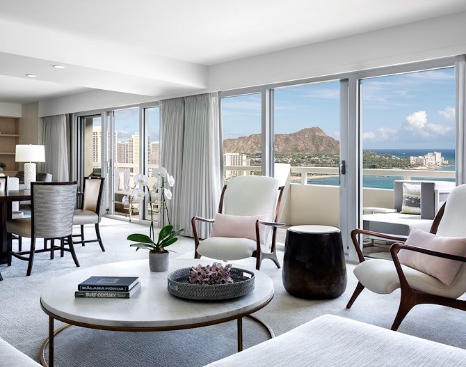 Presidential Suite living room at Sheraton Waikiki with view of Diamond Head