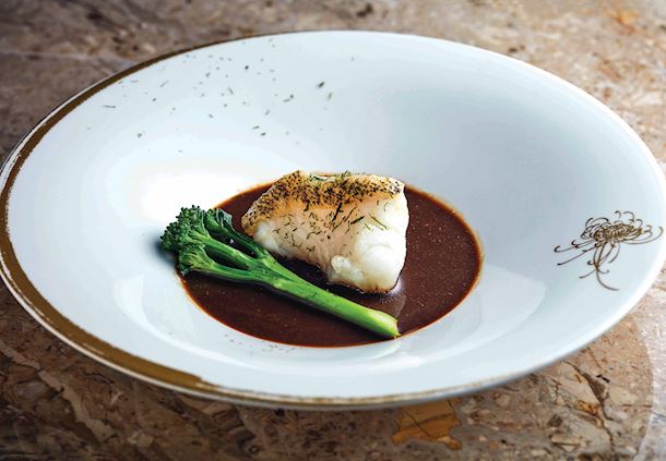 Oil-poached tiger garoupa fillet with seaweed sauce